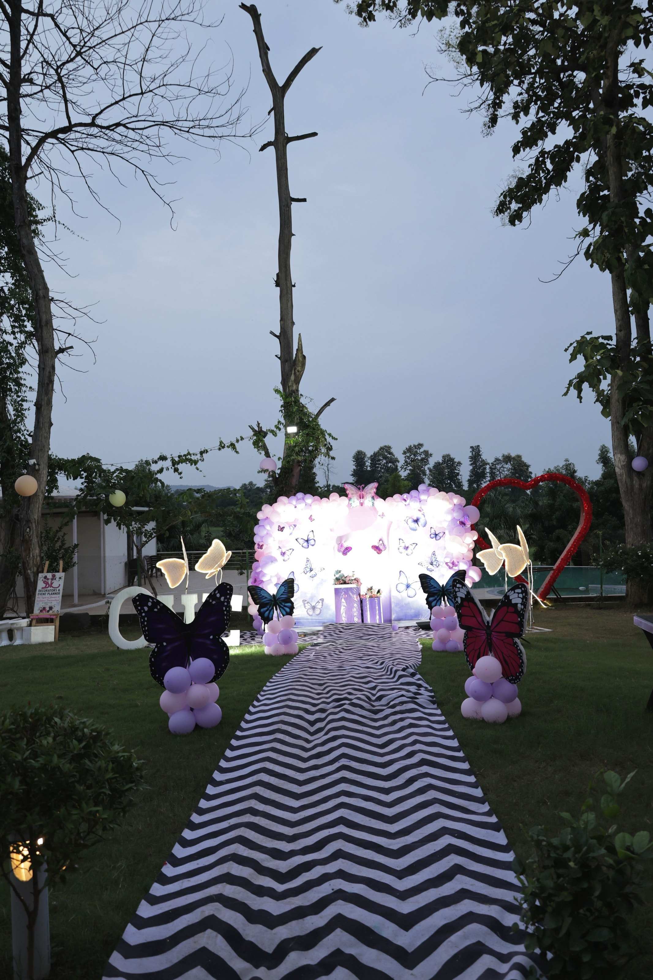Birthday party set-up on the lawn: a striped walkway leading to a butterfly balloon stage at dusk