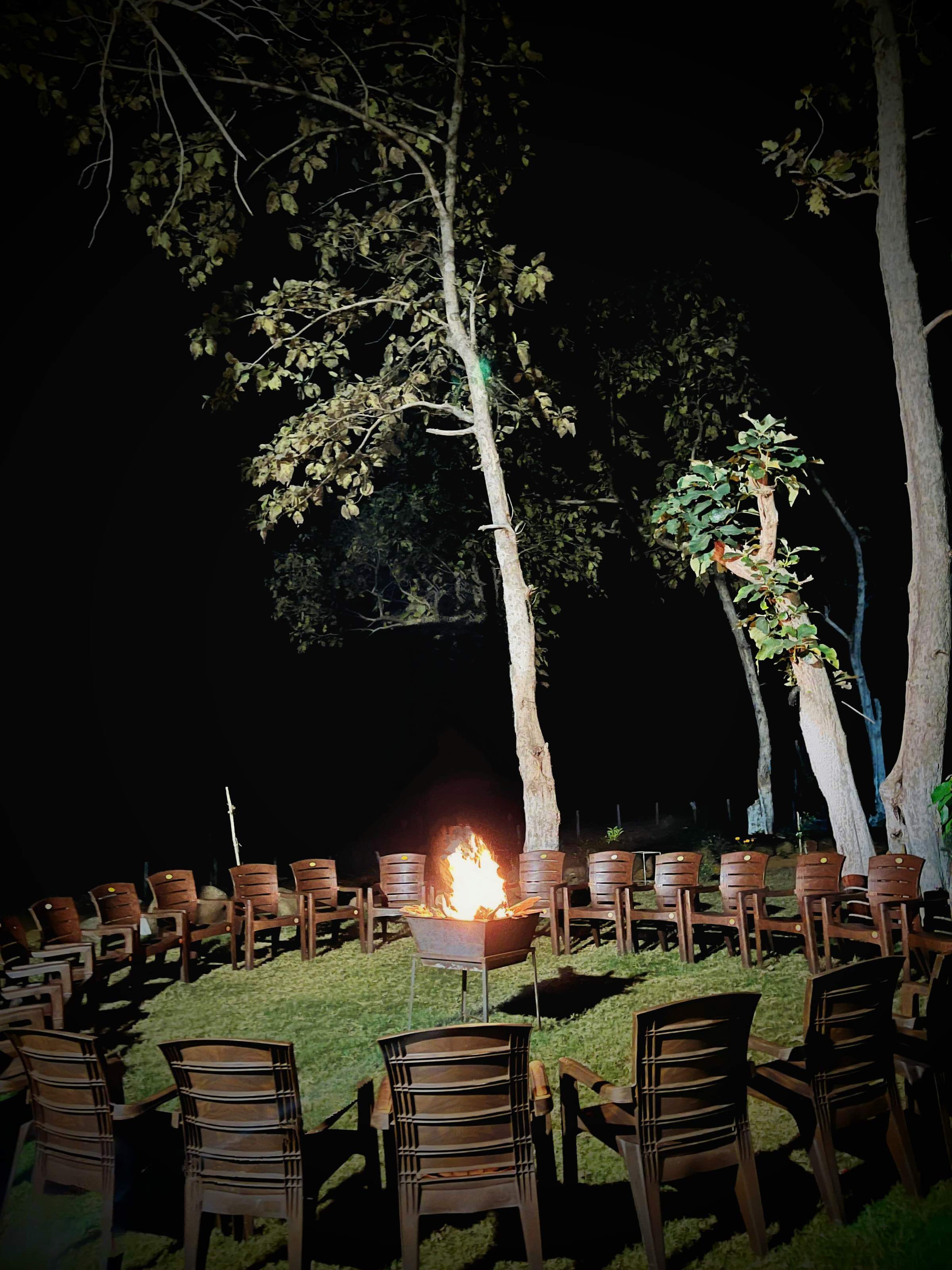 Bonfire at night on the lawn, ringed by chairs under tall trees