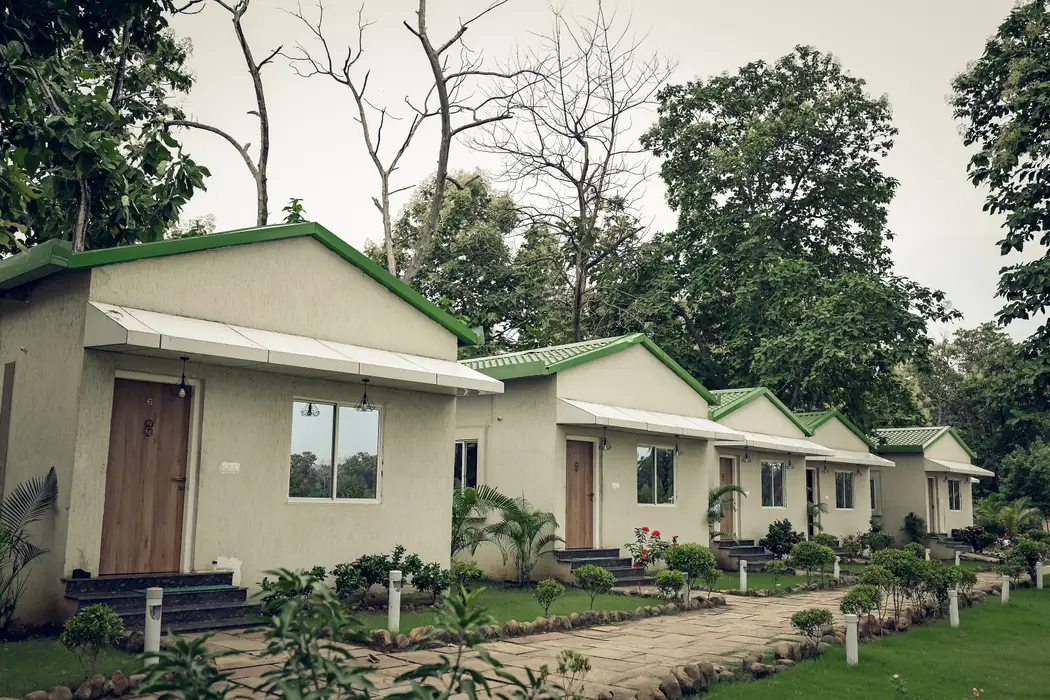 Row of cottages with green roofs, wooden doors and a planted garden path in front