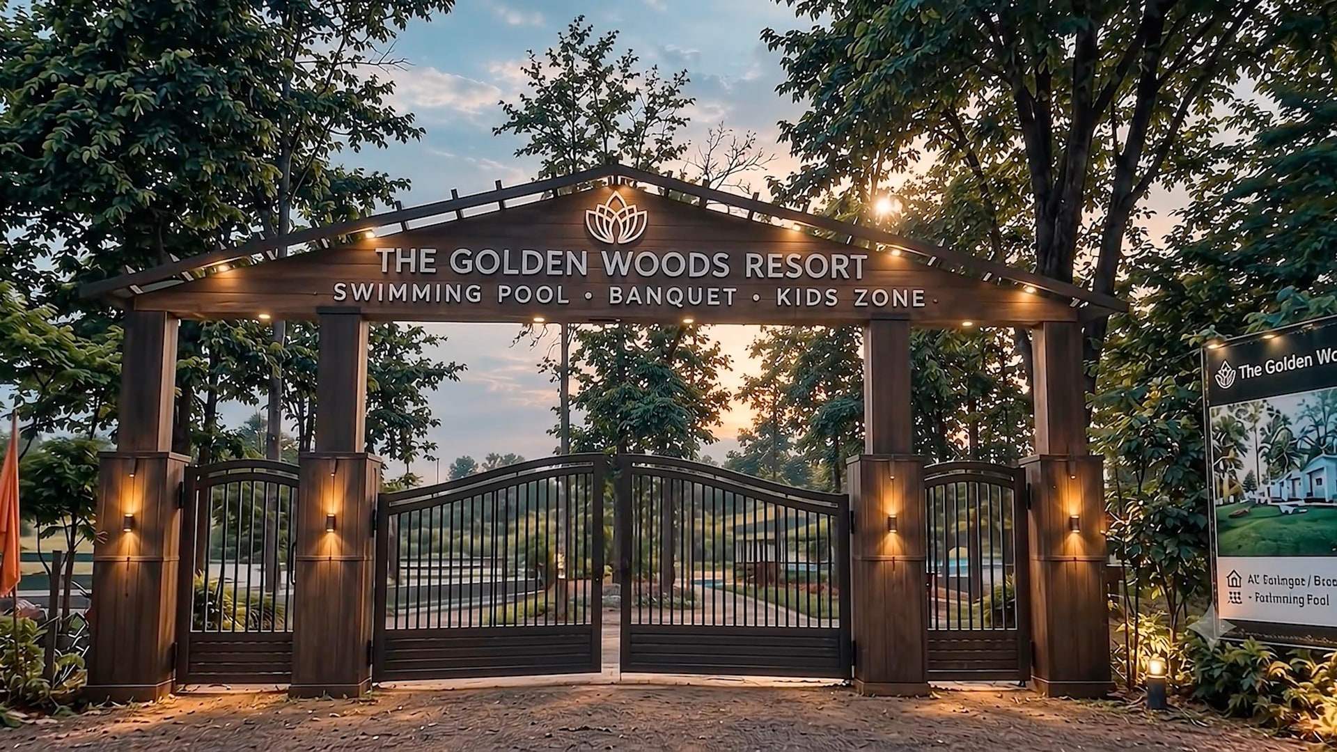 The resort entrance gate at dusk, lit by lamps, with the sign The Golden Woods Resort