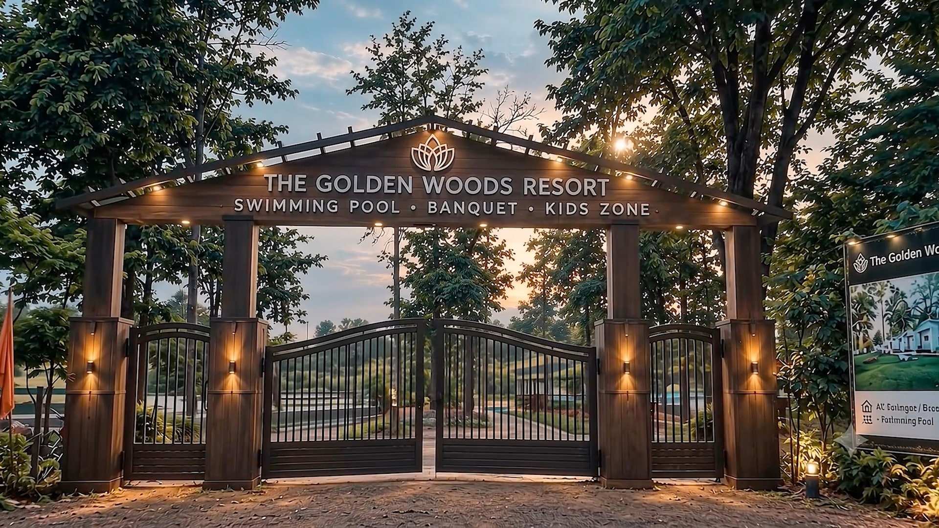 The resort entrance gate at dusk, lit by lamps, with the sign The Golden Woods Resort