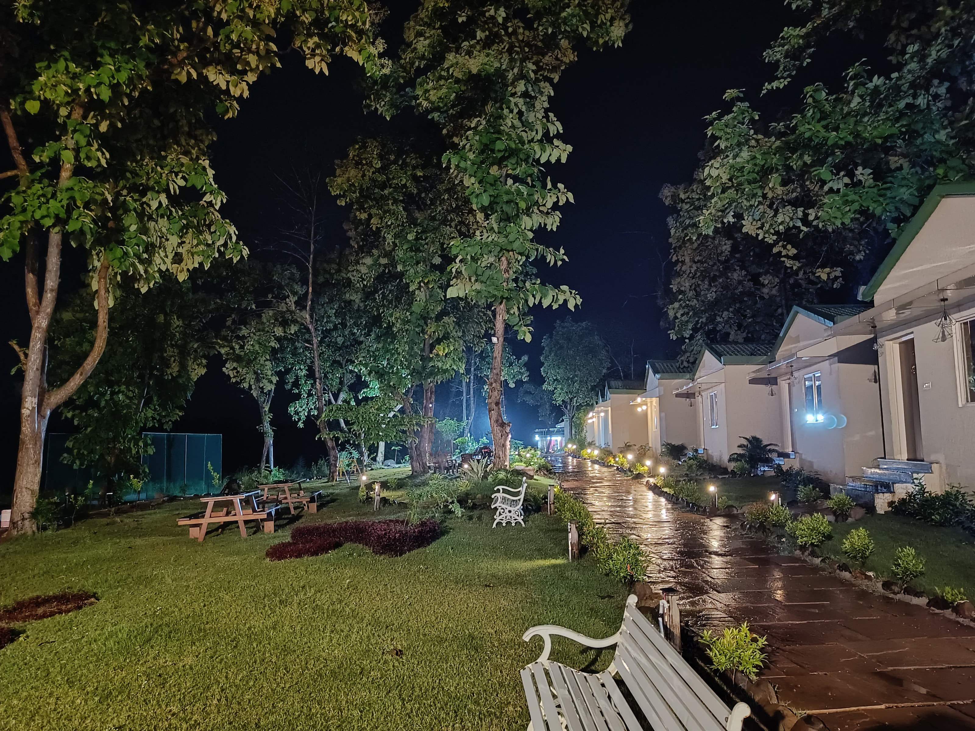 Row of cottages at night along a lamp-lit stone pathway, with lawn, benches and tall trees