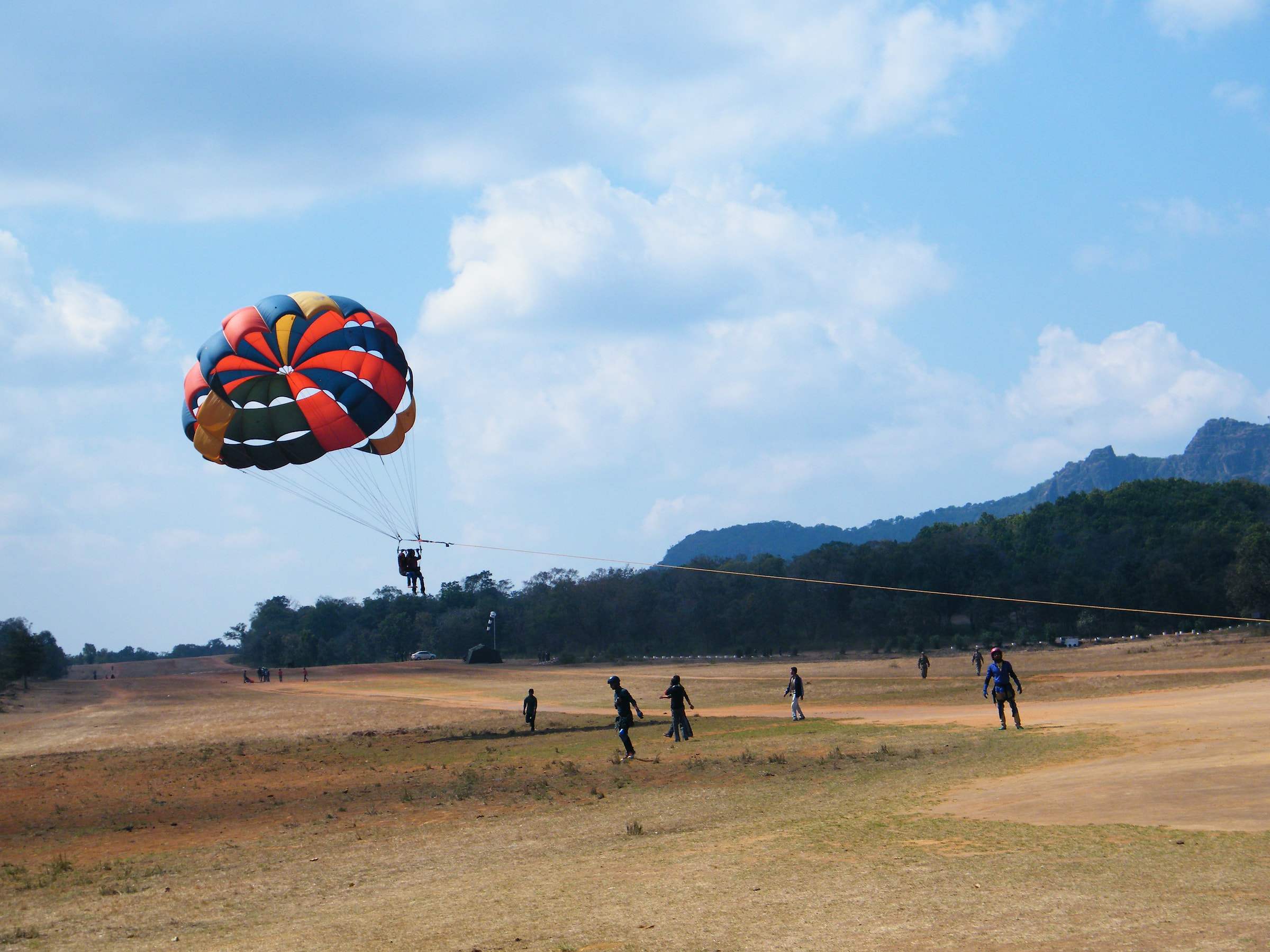 Parasailing over the open ground at Pachmarhi
