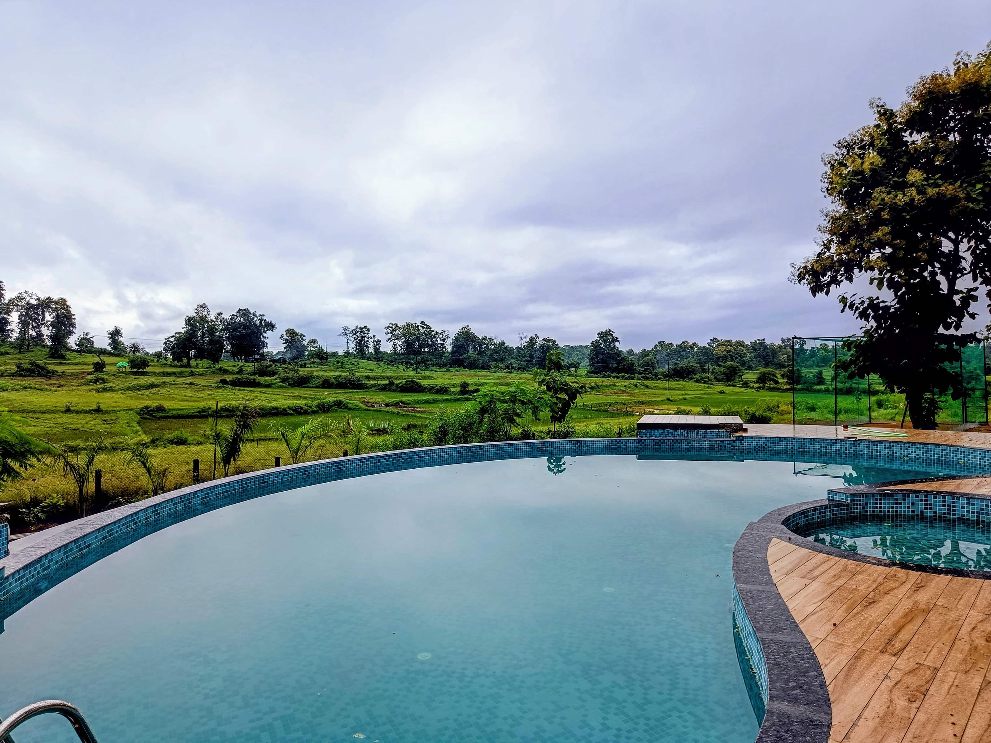 Curved swimming pool with a wooden deck, looking out over green fields to a line of trees